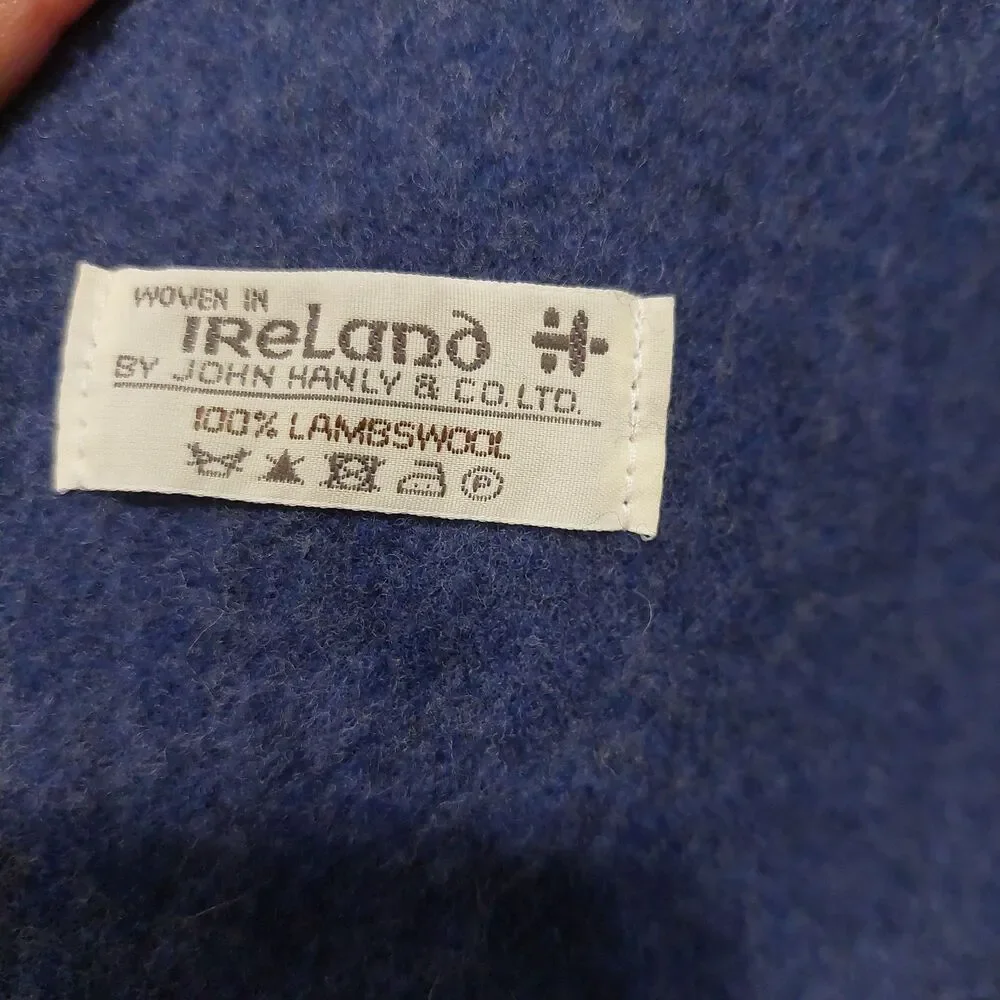 Vtg John Hanly Long BLUE Scarf 100% Irish Lambswool Woven In IRELAND 64
